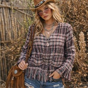 Anthropologie ETT:IWA Sz L LS Tweed Y2K Boho Fringe Snap Frnt Brn Cream Jacket